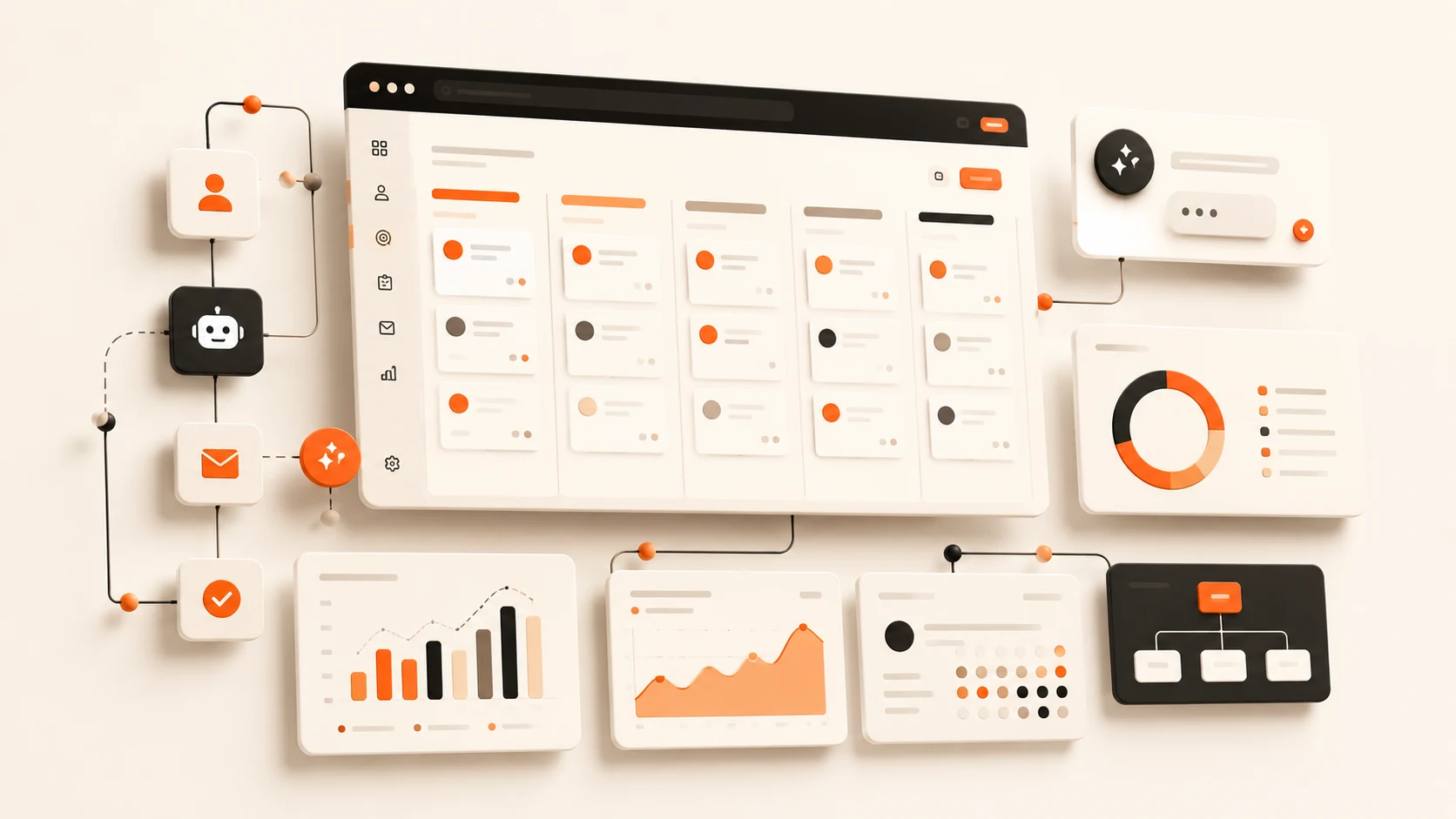 Premium CRM dashboard with automation nodes and reporting panels