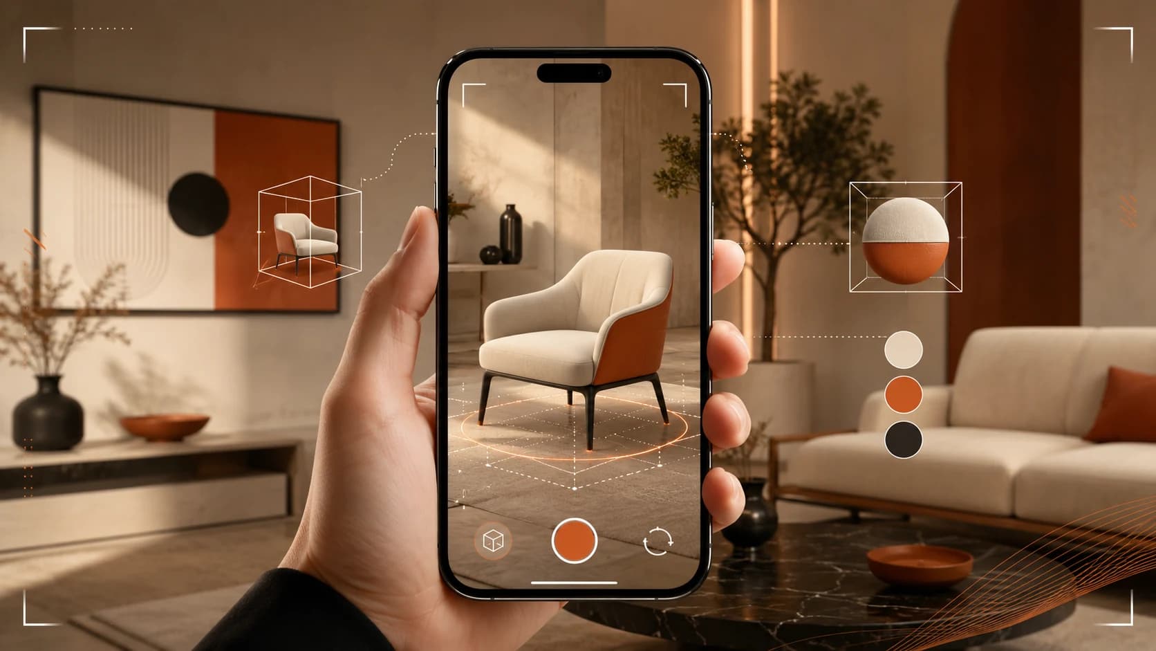 Premium AR product preview interface shown on a smartphone