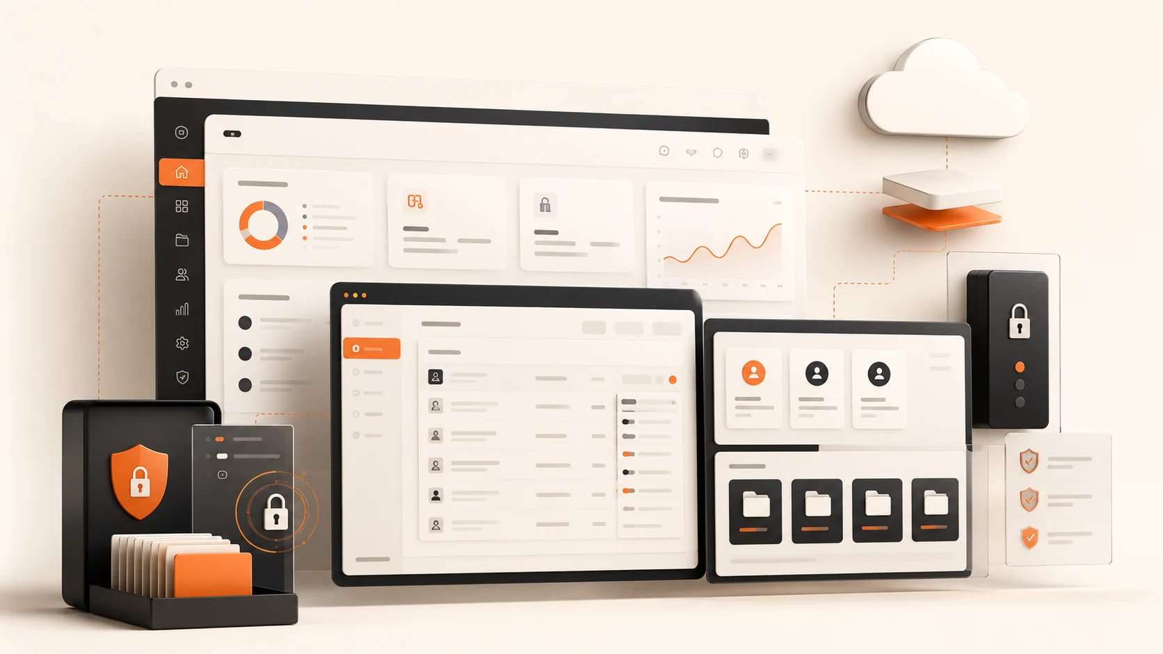 Premium web portal and secure vault interface with dashboard panels