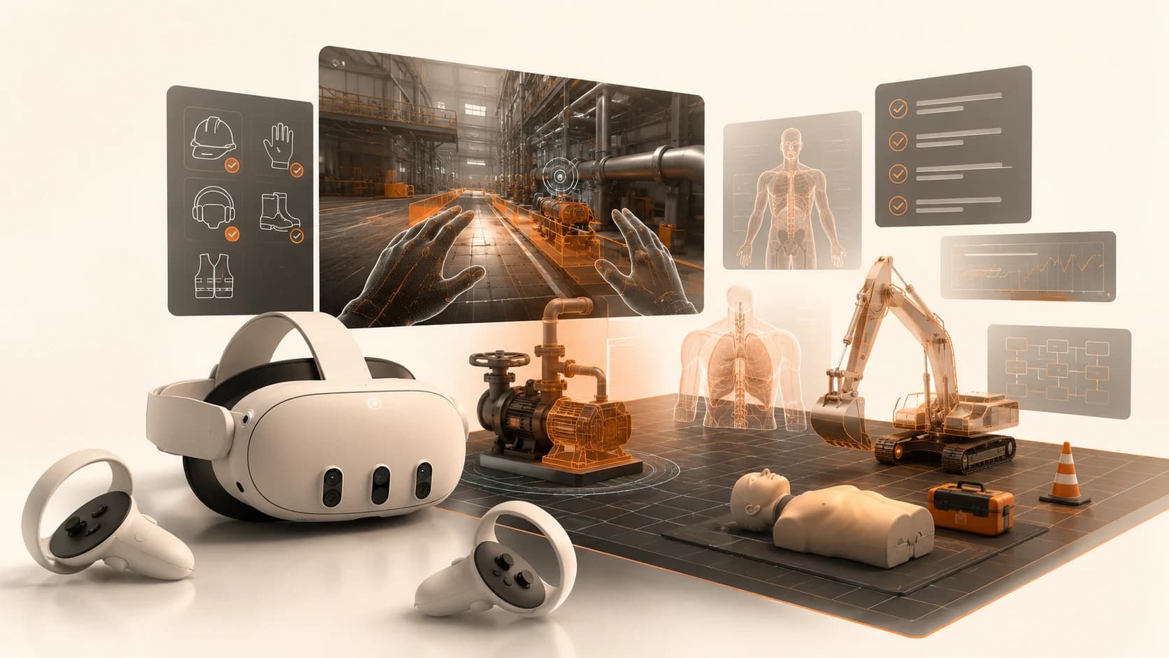 Premium XR training simulation interface with headset and training panels
